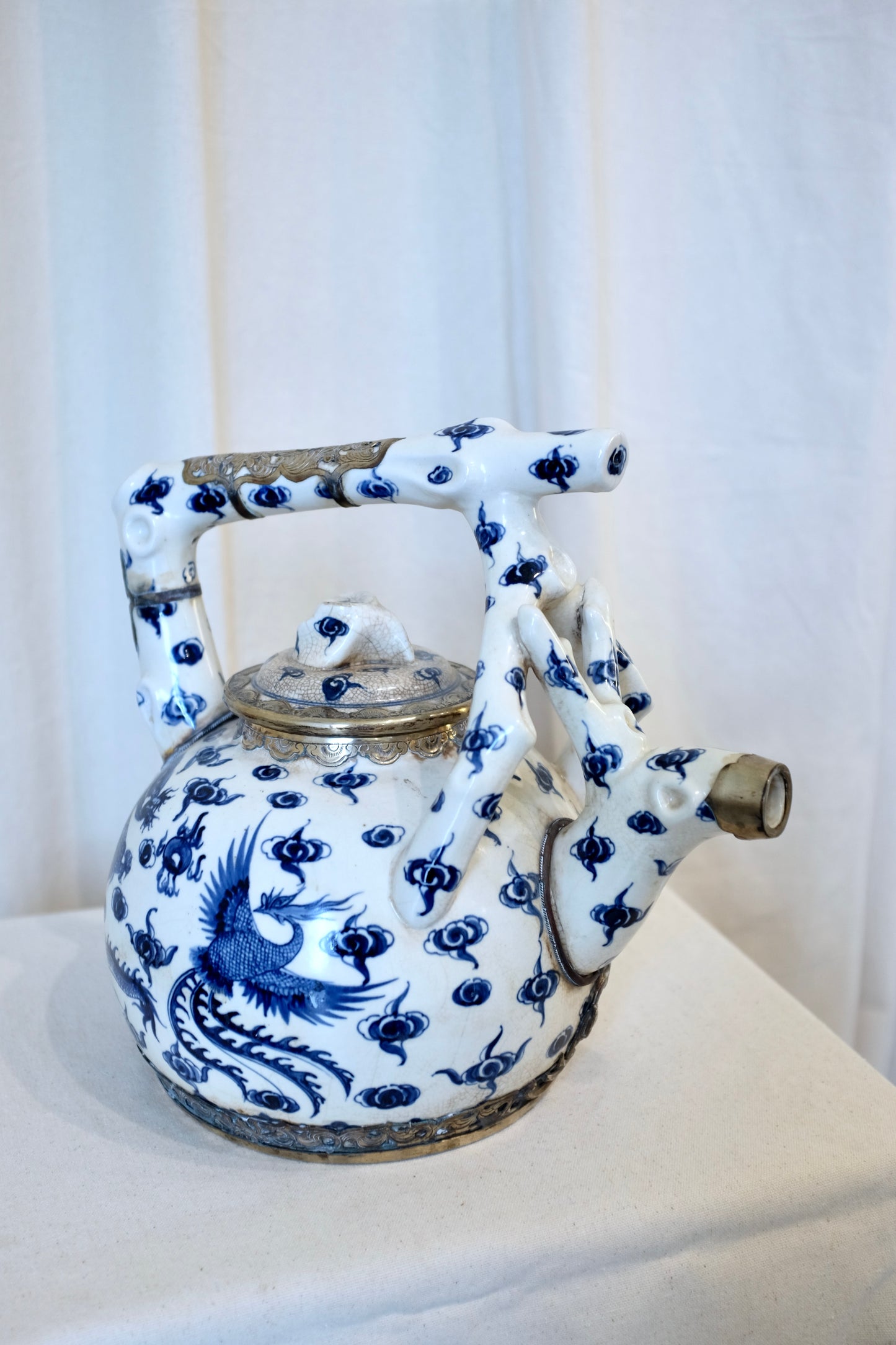 Chinese Blue & White Porcelain Teapot with Silvered Metal Accents, 12.5"h
