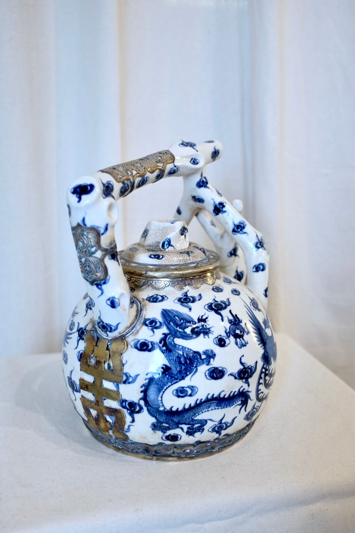 Chinese Blue & White Porcelain Teapot with Silvered Metal Accents, 12.5"h