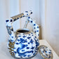 Chinese Blue & White Porcelain Teapot with Silvered Metal Accents, 12.5"h