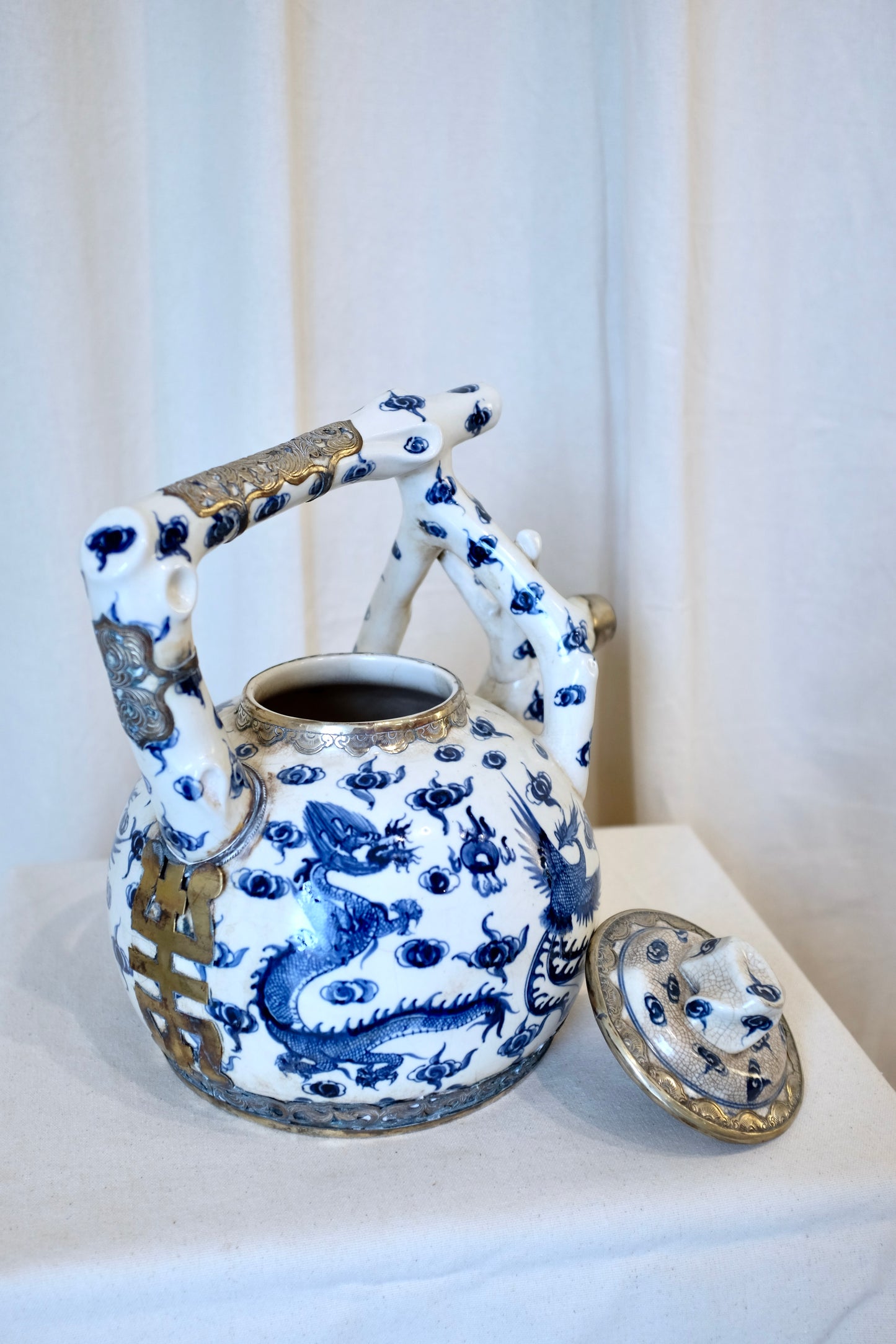Chinese Blue & White Porcelain Teapot with Silvered Metal Accents, 12.5"h