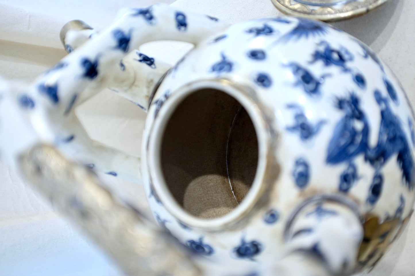 Chinese Blue & White Porcelain Teapot with Silvered Metal Accents, 12.5"h