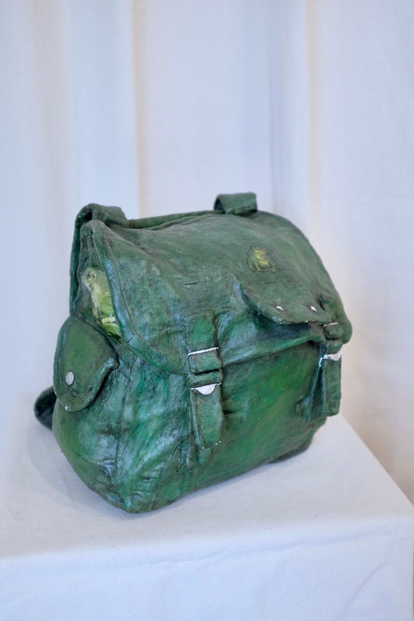 Green Backpack with Frogs, Paper Mache Sculpture