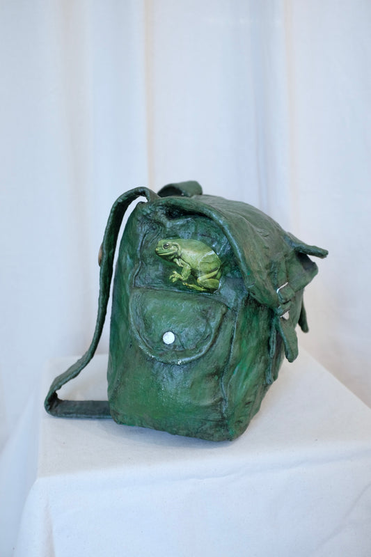 Green Backpack with Frogs, Paper Mache Sculpture