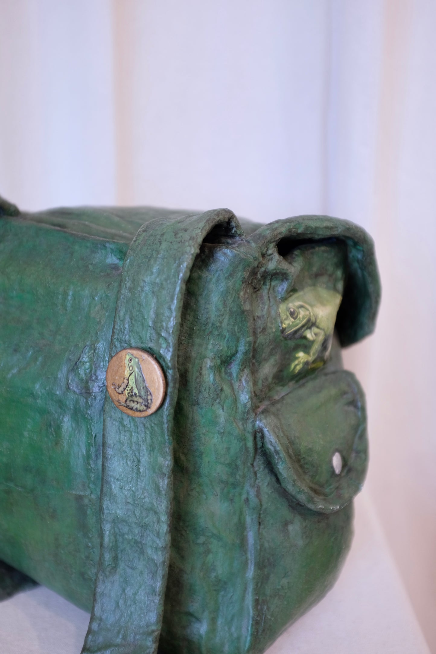 Green Backpack with Frogs, Paper Mache Sculpture