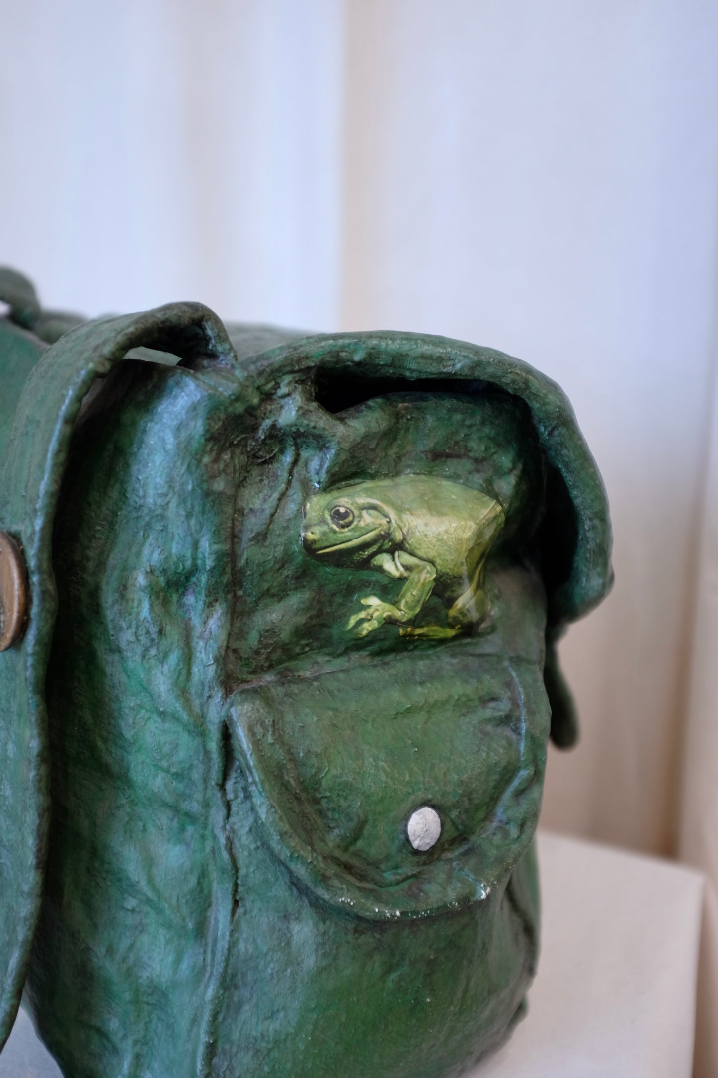 Green Backpack with Frogs, Paper Mache Sculpture