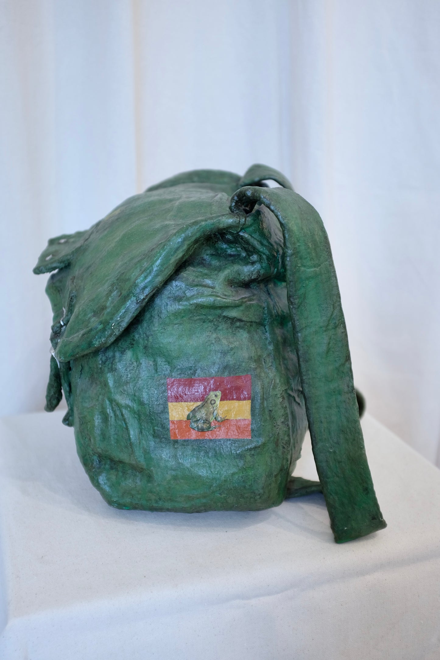 Green Backpack with Frogs, Paper Mache Sculpture