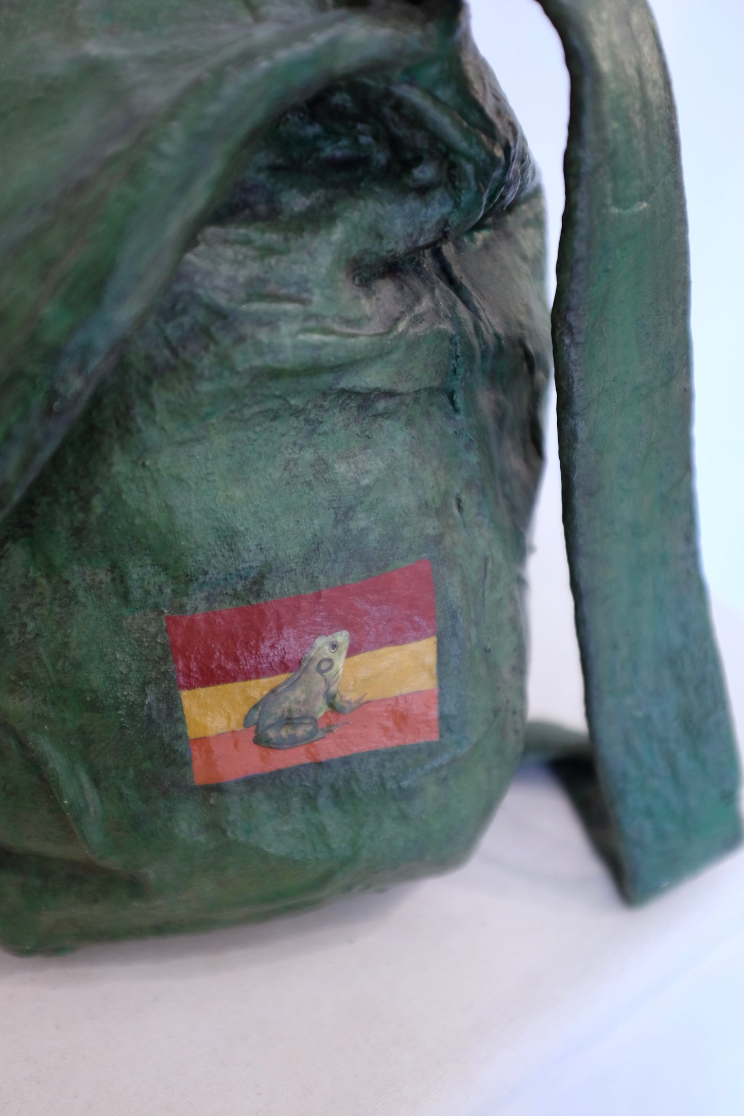 Green Backpack with Frogs, Paper Mache Sculpture