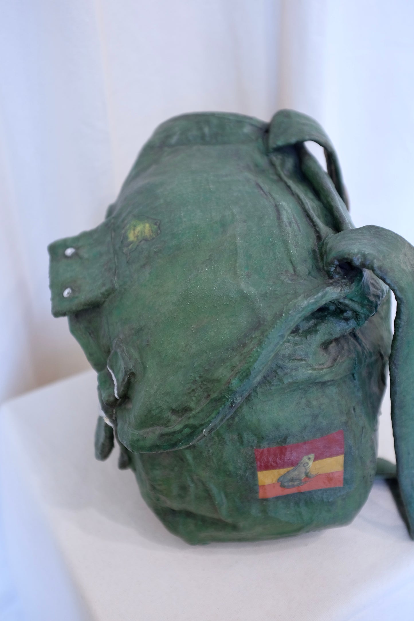 Green Backpack with Frogs, Paper Mache Sculpture