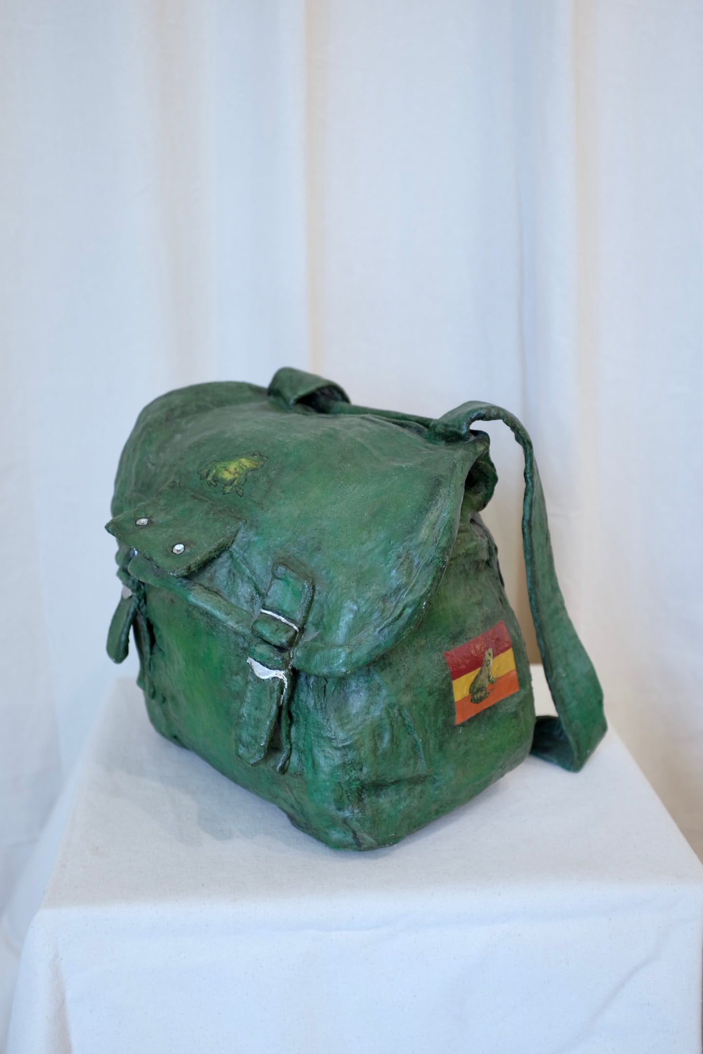 Green Backpack with Frogs, Paper Mache Sculpture