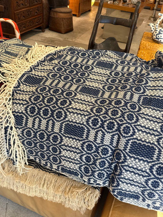 Large Blue & White Overshot Coverlet with Woven Fringe