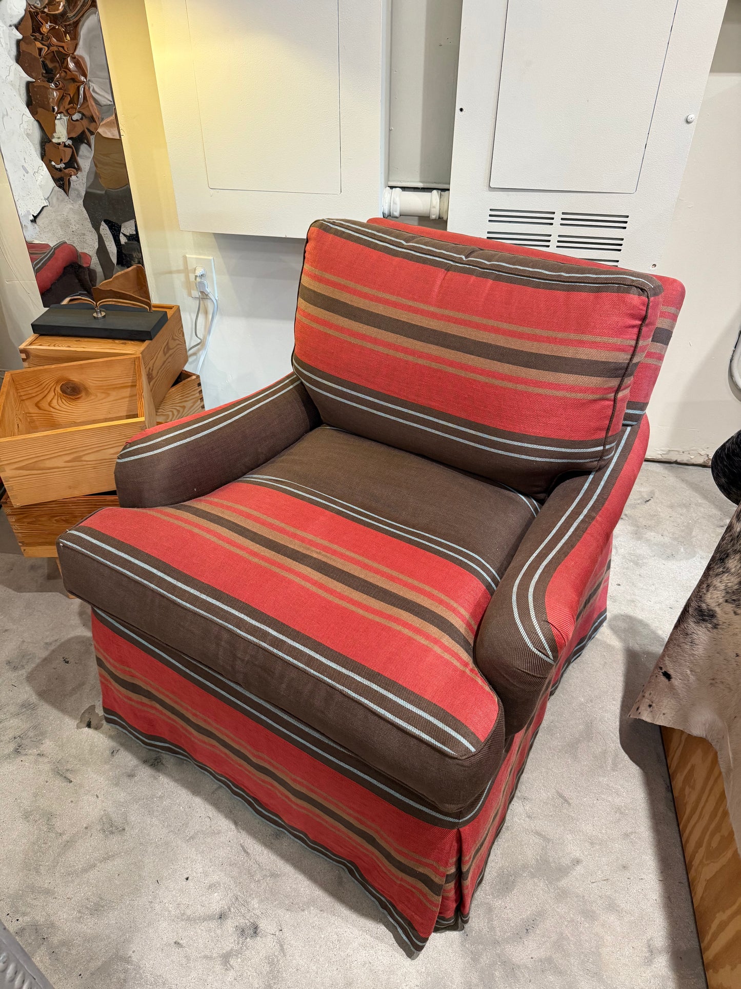 Striped Swivel Upholstered Lounge Chairs, Pair Available