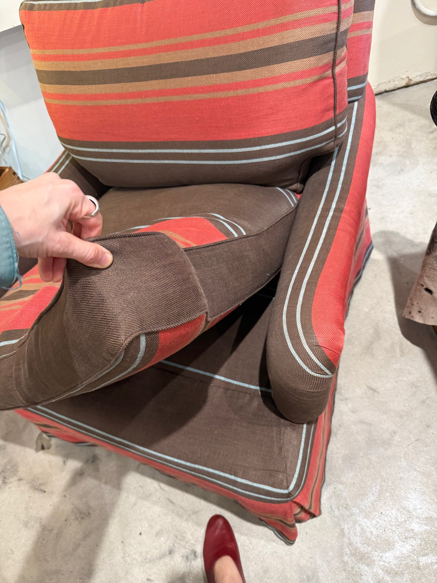 Striped Swivel Upholstered Lounge Chairs, Pair Available