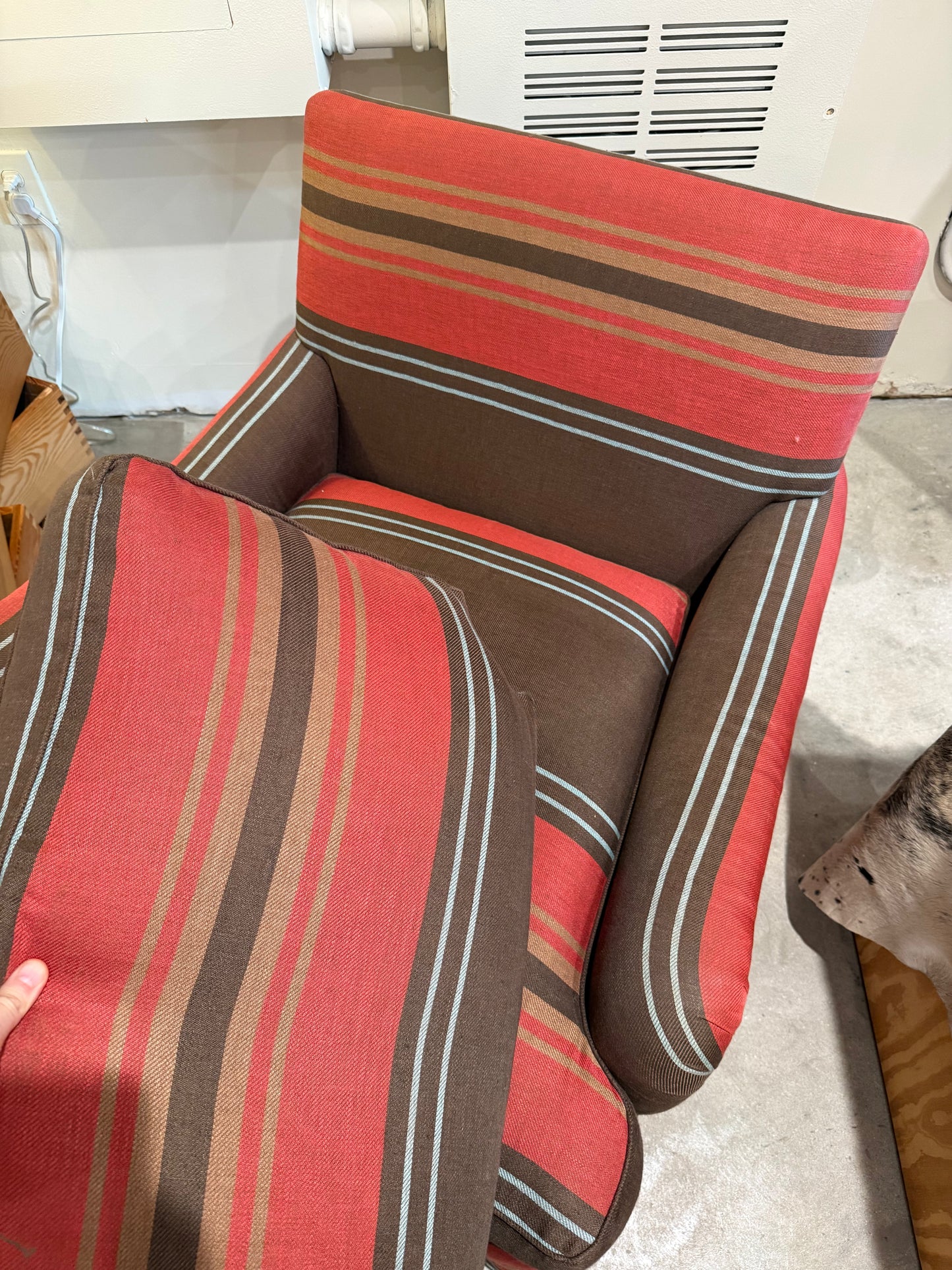 Striped Swivel Upholstered Lounge Chairs, Pair Available