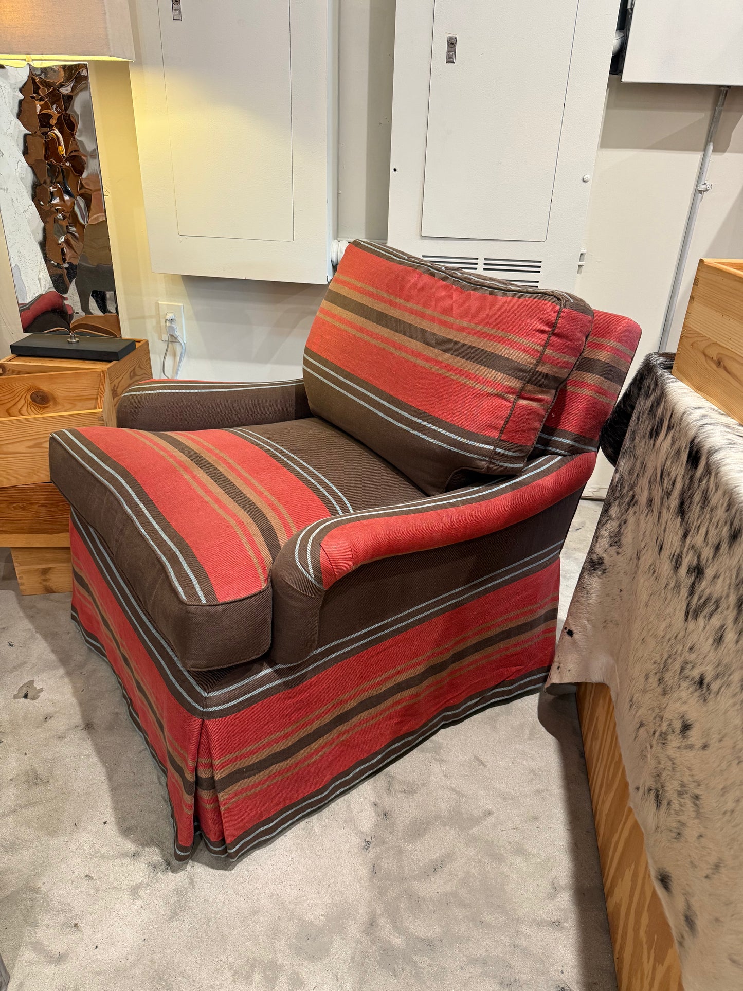 Striped Swivel Upholstered Lounge Chairs, Pair Available