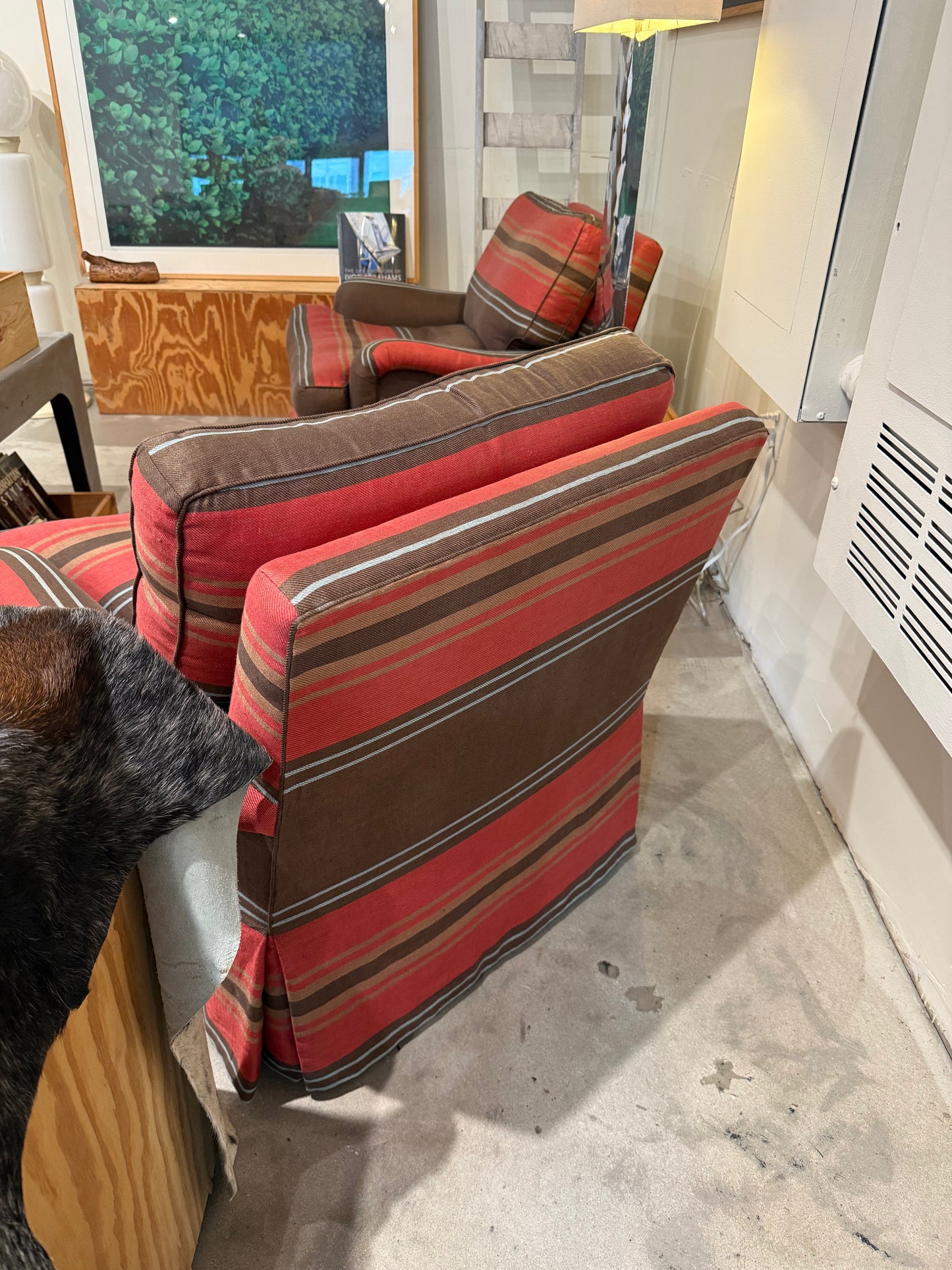 Striped Swivel Upholstered Lounge Chairs, Pair Available