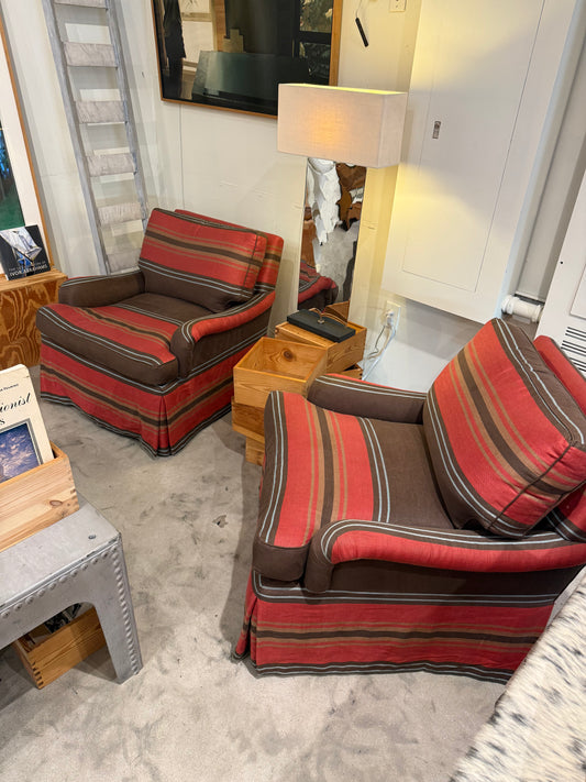 Striped Swivel Upholstered Lounge Chairs, Pair Available