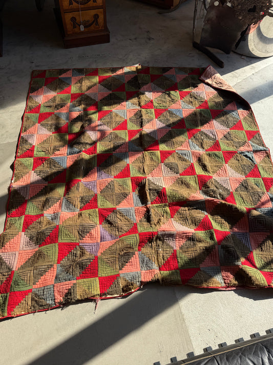 Log Cabin Quilt with Pink, Green, and Red