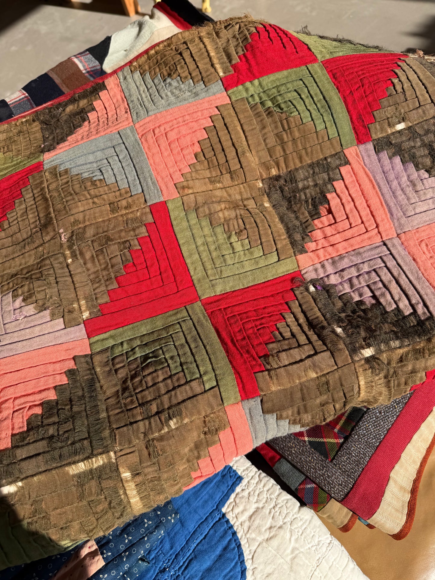 Log Cabin Quilt with Pink, Green, and Red