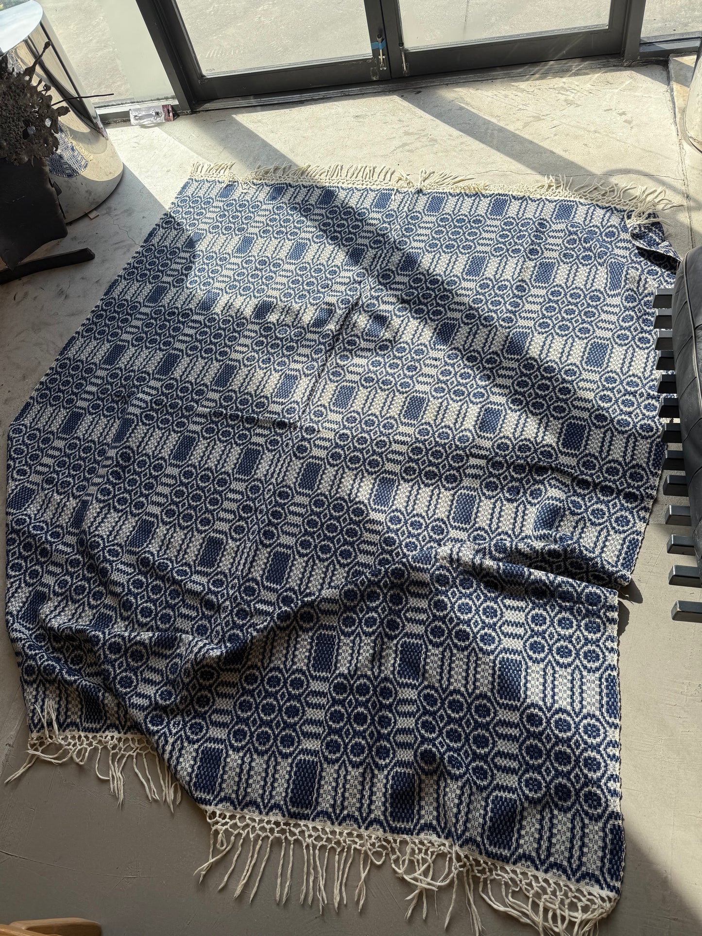 Large Blue & White Overshot Coverlet with Woven Fringe