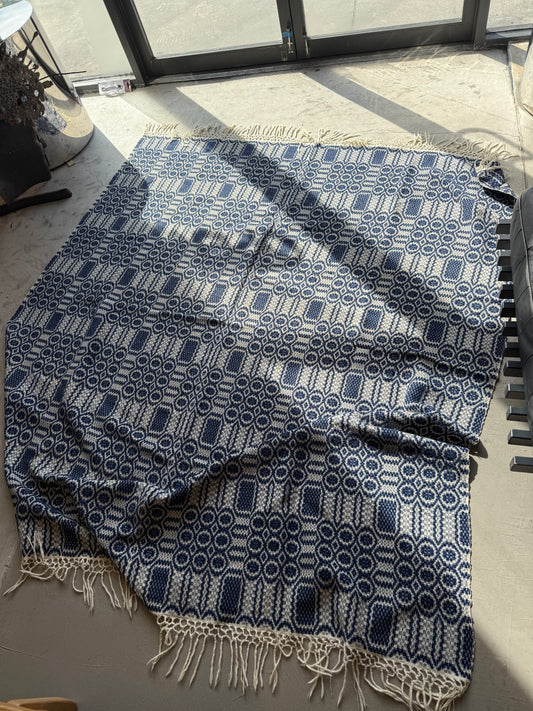 Large Blue & White Overshot Coverlet with Woven Fringe