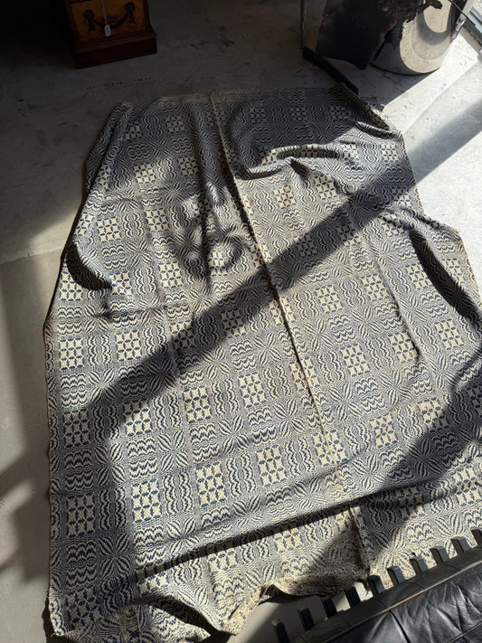 Intricate Antique Virginia Wool Overshot Coverlet, Blue and Cream