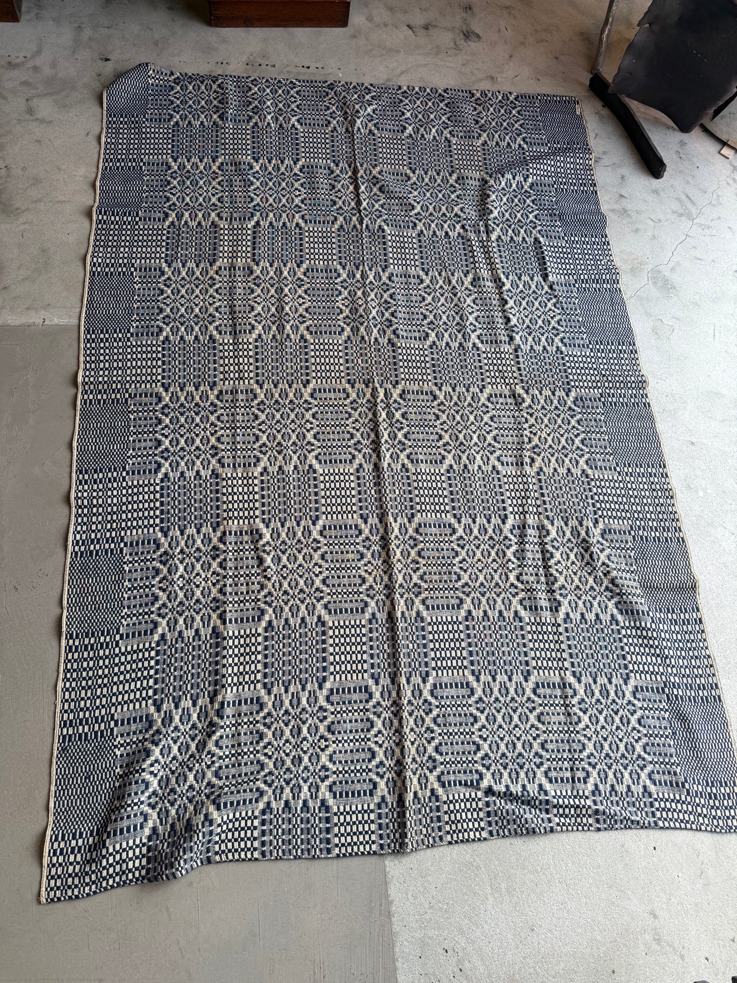 Bright Blue and White Overshot Coverlet