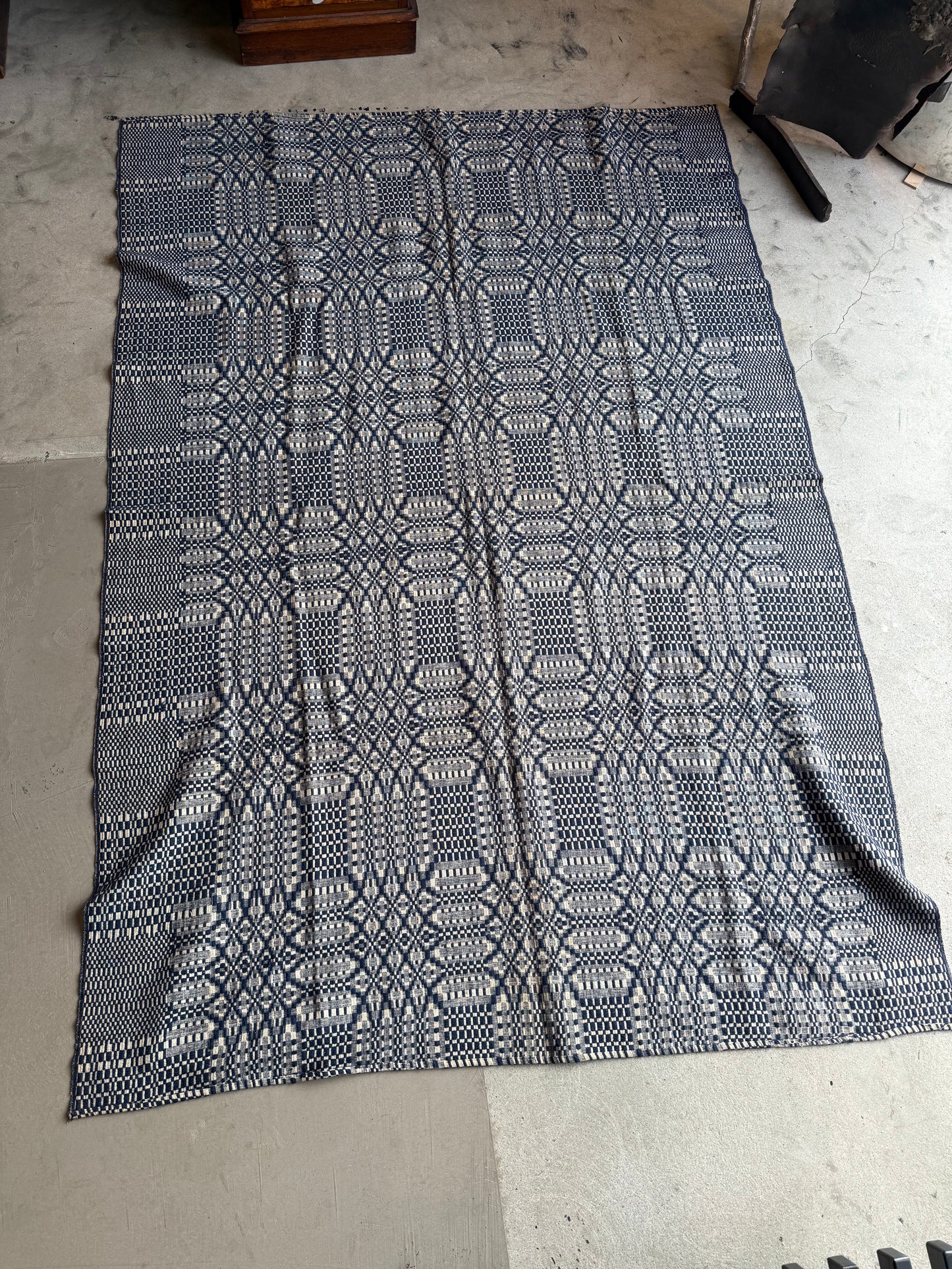 Bright Blue and White Overshot Coverlet