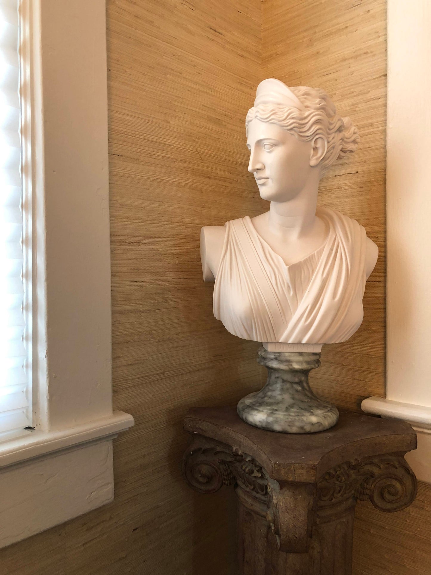 Diana Bust, Cast Marble on Marble Base