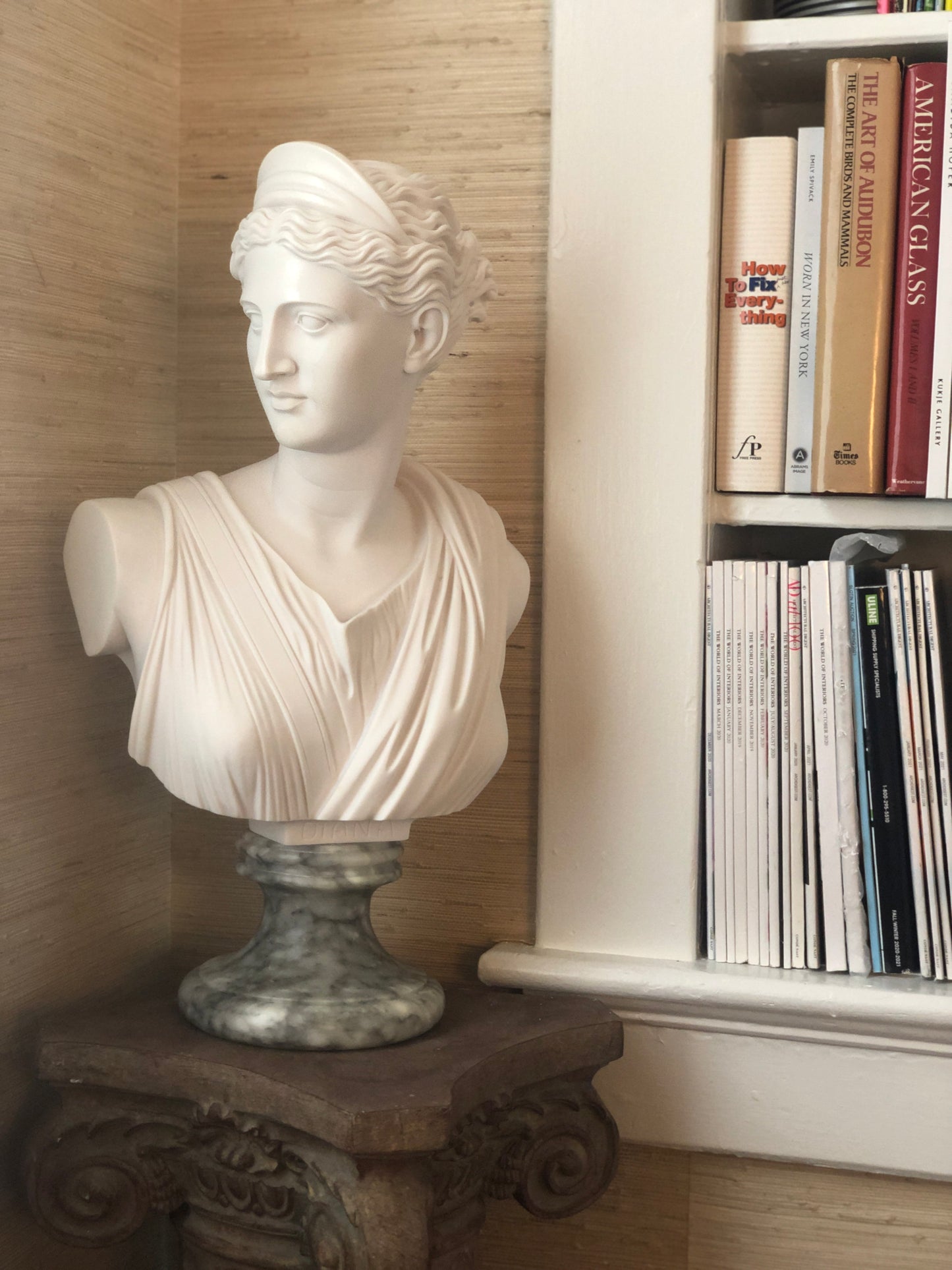 Diana Bust, Cast Marble on Marble Base