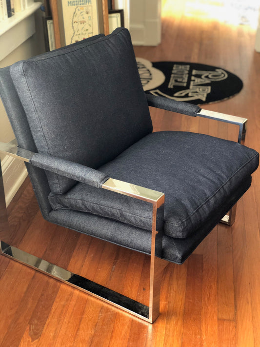 Denim and Chrome Chair, Milo Baughman Style
