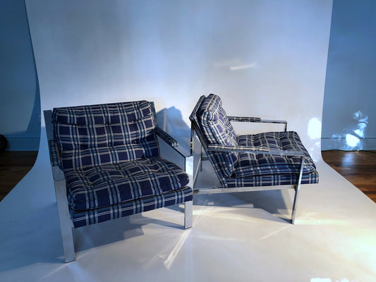 Cy Mann Plaid and Chrome Chairs, Pair
