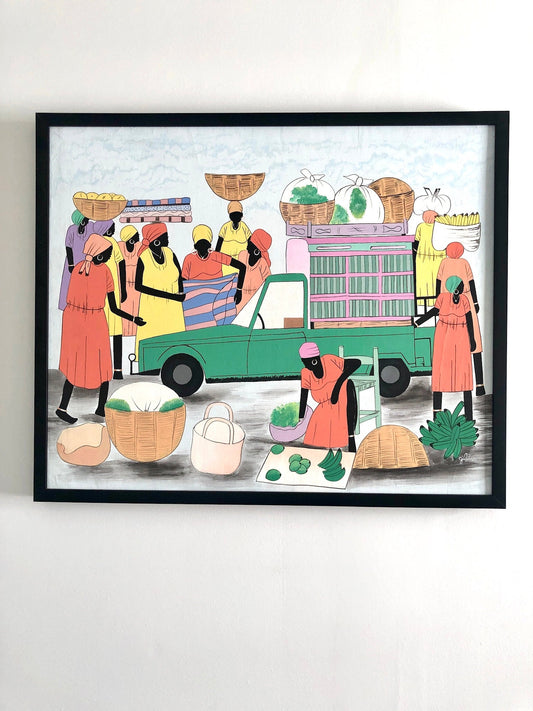 Framed Haitian Acrylic Painting of Women at Market, signed Gilot